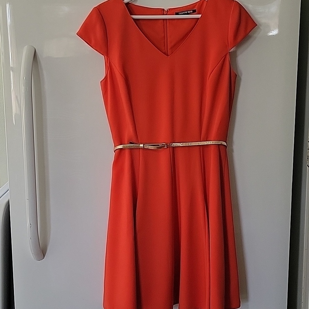 Gianni Bini Orange Fit & Flare Dress Gold Belt Cap Sleeve Size 6 - Picture 3 of 16